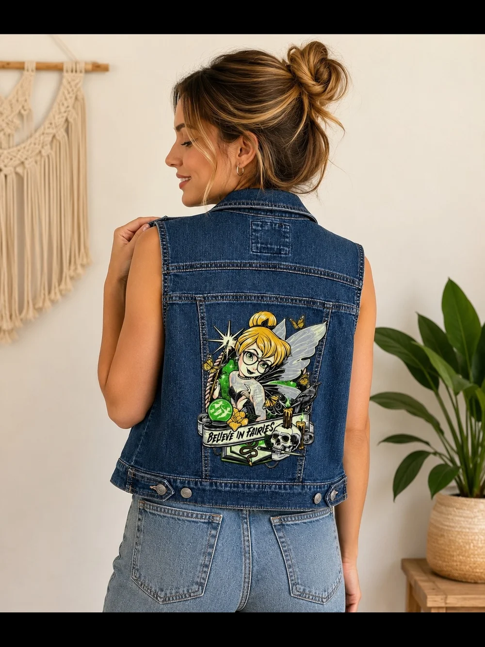 Wax Jean Blue Denim Vest with Green Fairy Graphic